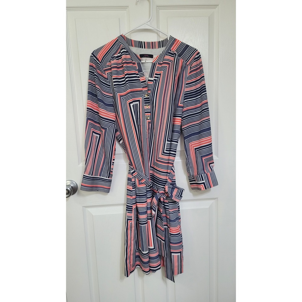 Trina Turk Striped Geometric Belted Shift Dress Navy Orange White Sz 12